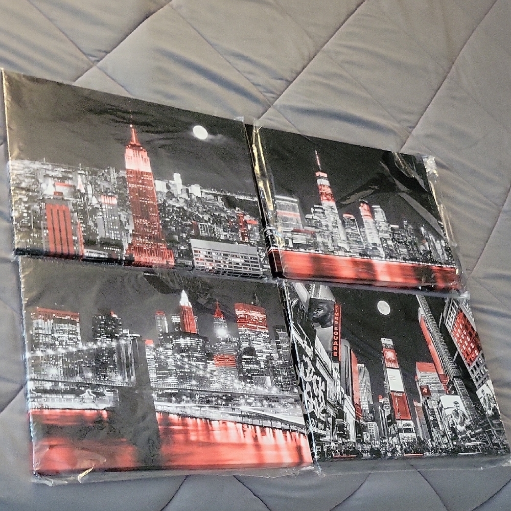 New York Cityscape Canvas Art Set in Black and Red -  4 Picture Set